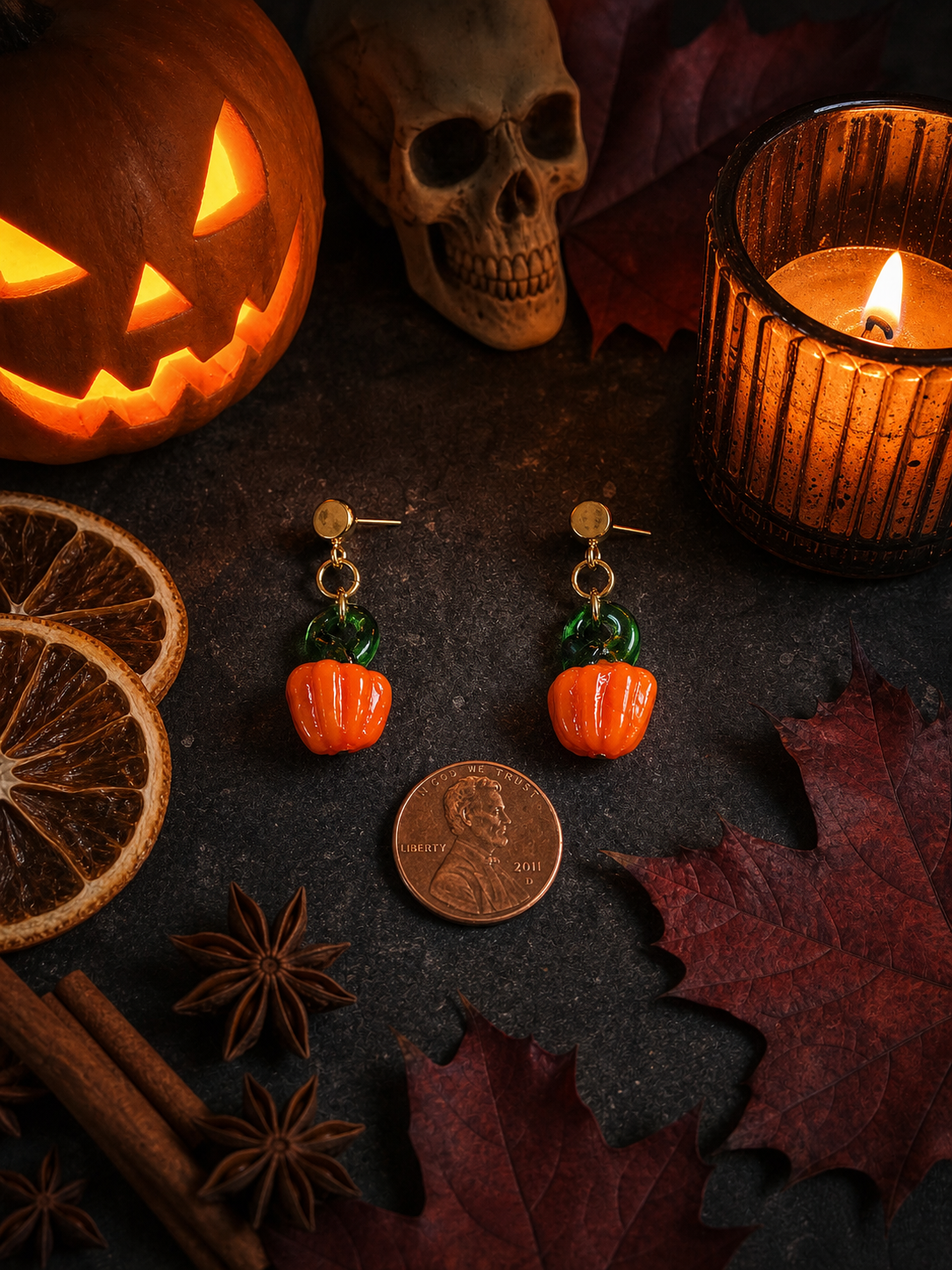 Hand-Blown Glass Pumpkin Dangle Earrings – 24K Gold Plated