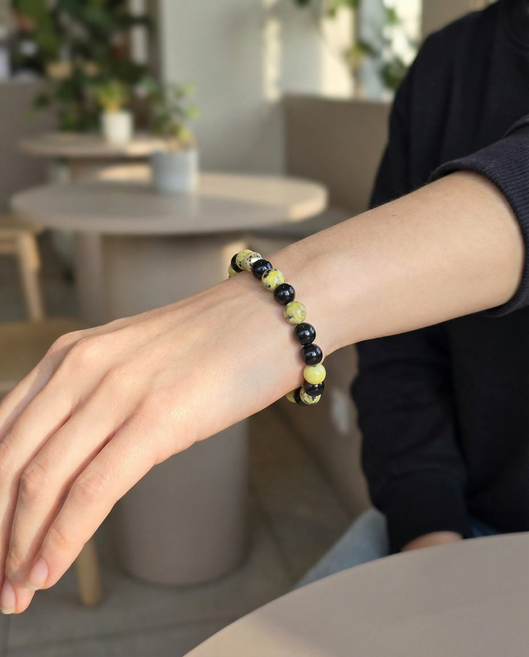 Black Onyx & Yellow Turquoise Bead Bracelet – Silver Accent – 7.5" Stretch