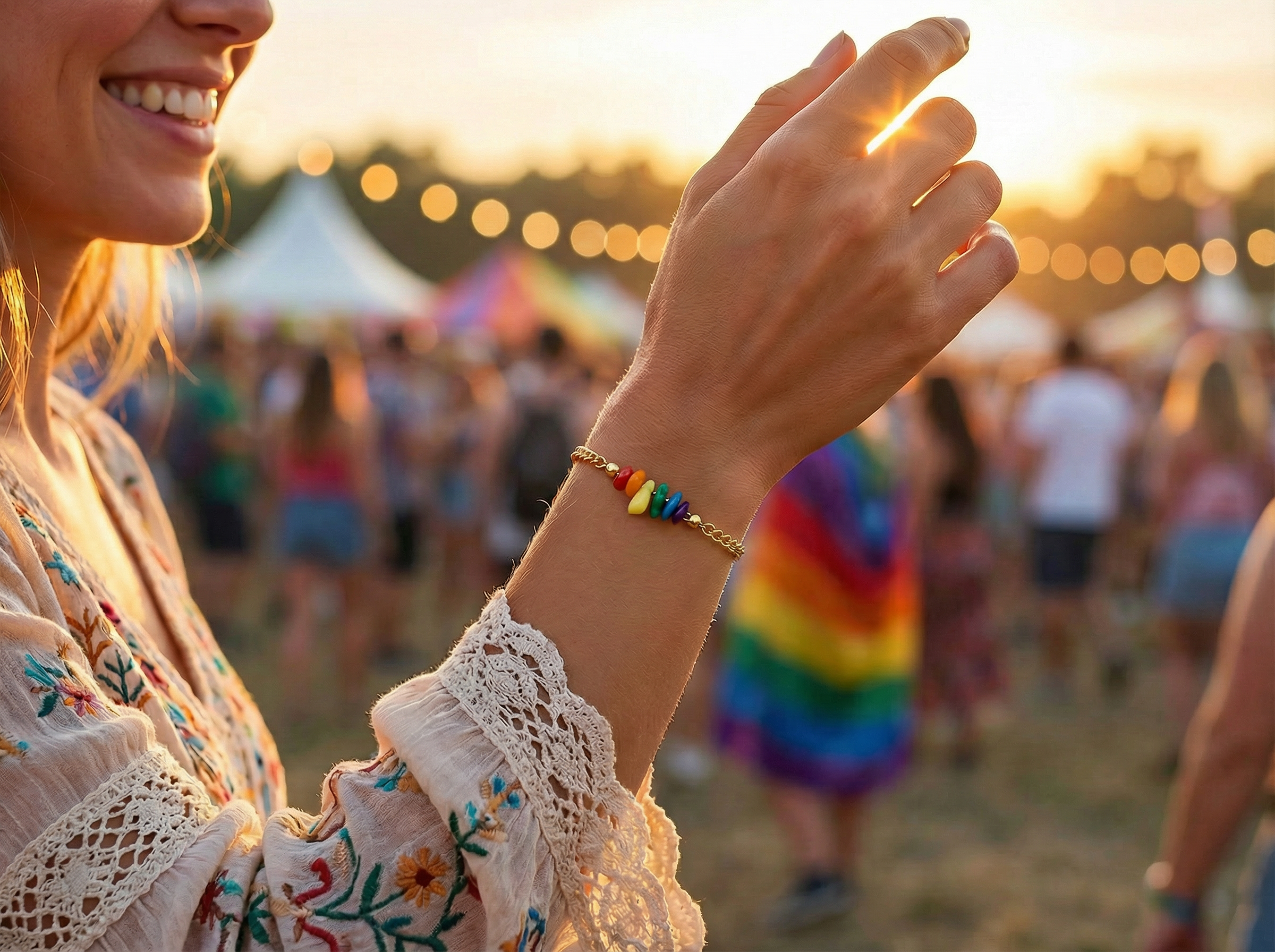 Rainbow Chip Stone Bead Bracelet – 18K Gold Plated Micro Cuban Chain – 7.5"