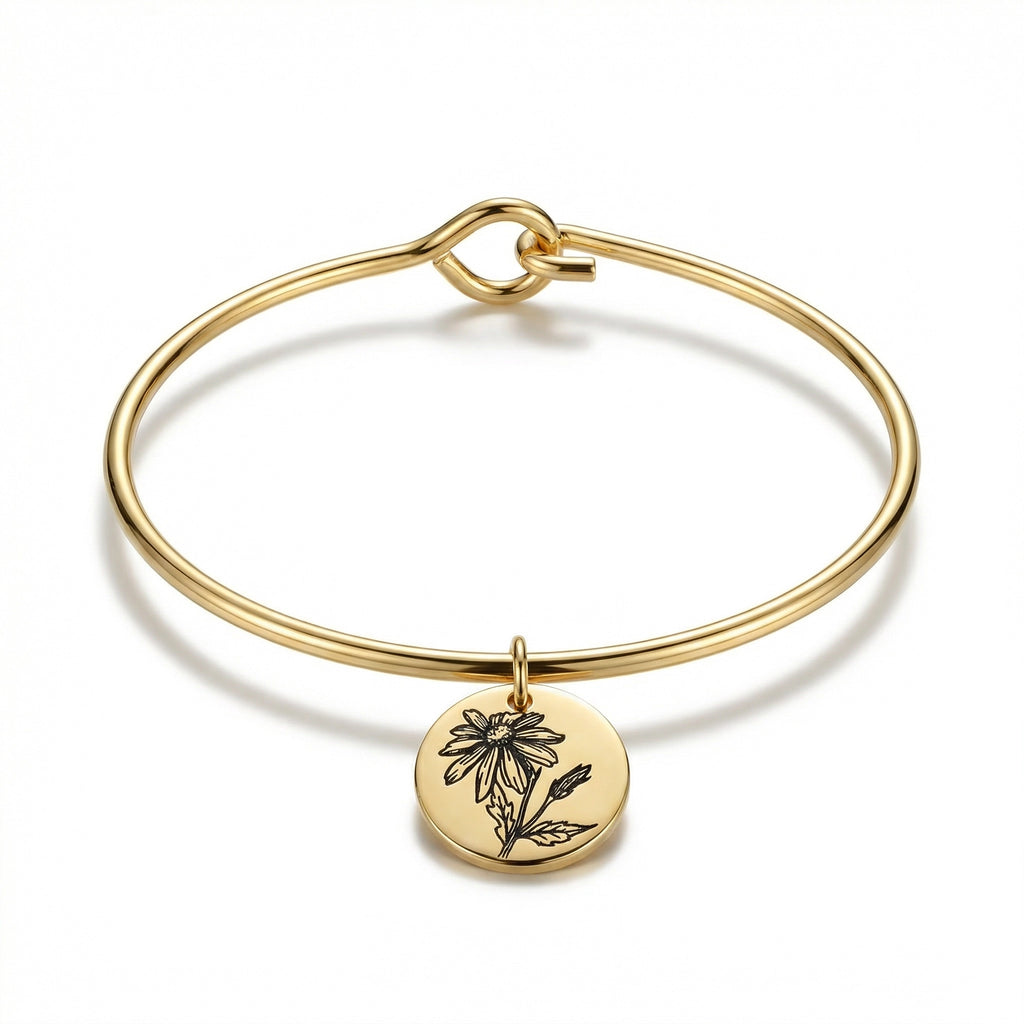 September Morning Glory Birth Flower Charm Bangle - Gold Tone