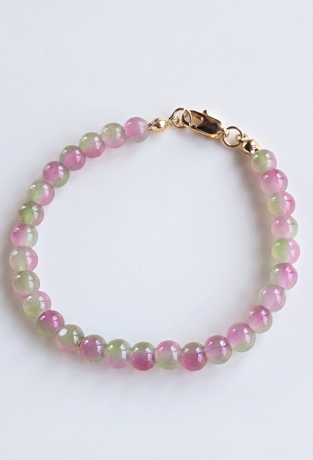 Pink & Green Watermelon Glass Bead Bracelet – 24K Gold Plated – 7"