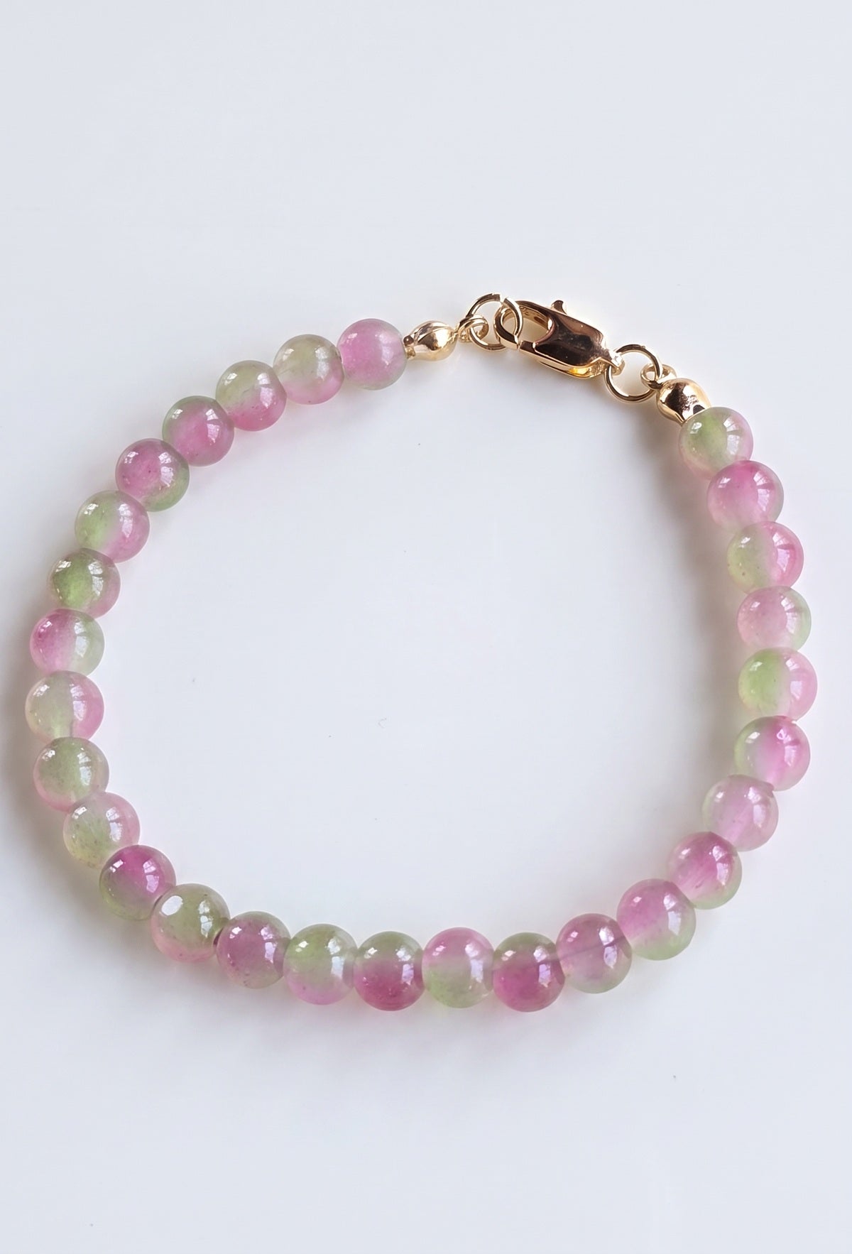 Pink & Green Watermelon Glass Bead Bracelet – 24K Gold Plated – 7"