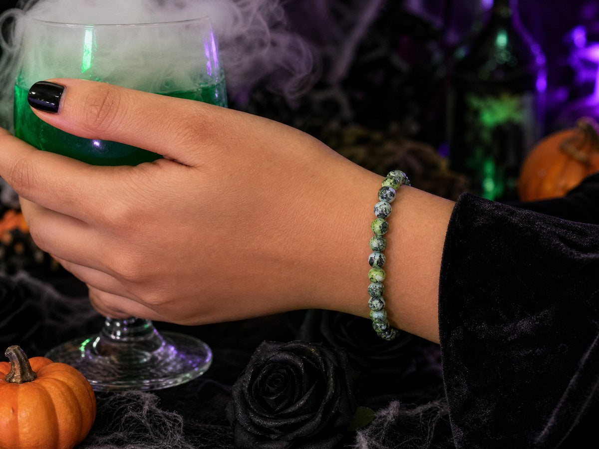 Green Marbled Glass Bead Bracelet – 24K Gold Plated – 7"