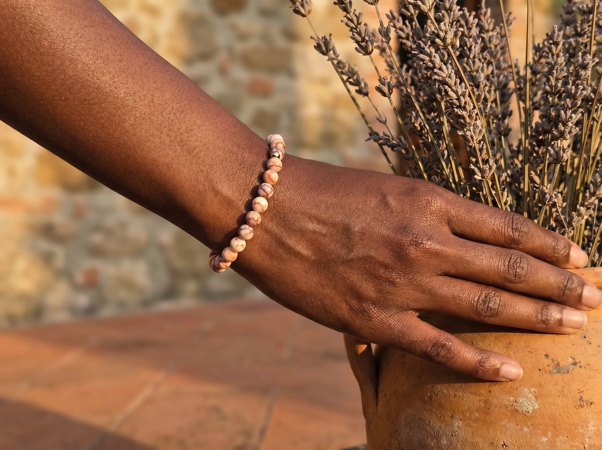 Red Network Jasper Bracelet on wrist resting on terracotta pot with dried lavender