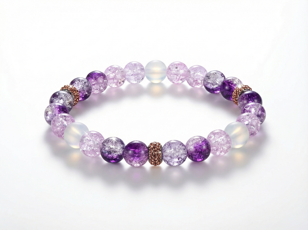 Purple Crackle Glass & Opalite Bead Bracelet – Rose Gold Pave – 7.5" Stretch