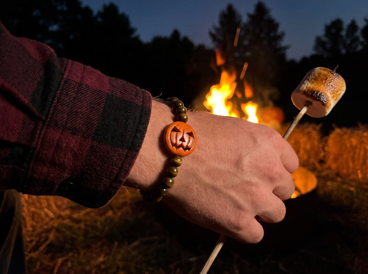 Wood Bead & Carved Howlite Pumpkin Bracelet – 7" Stretch