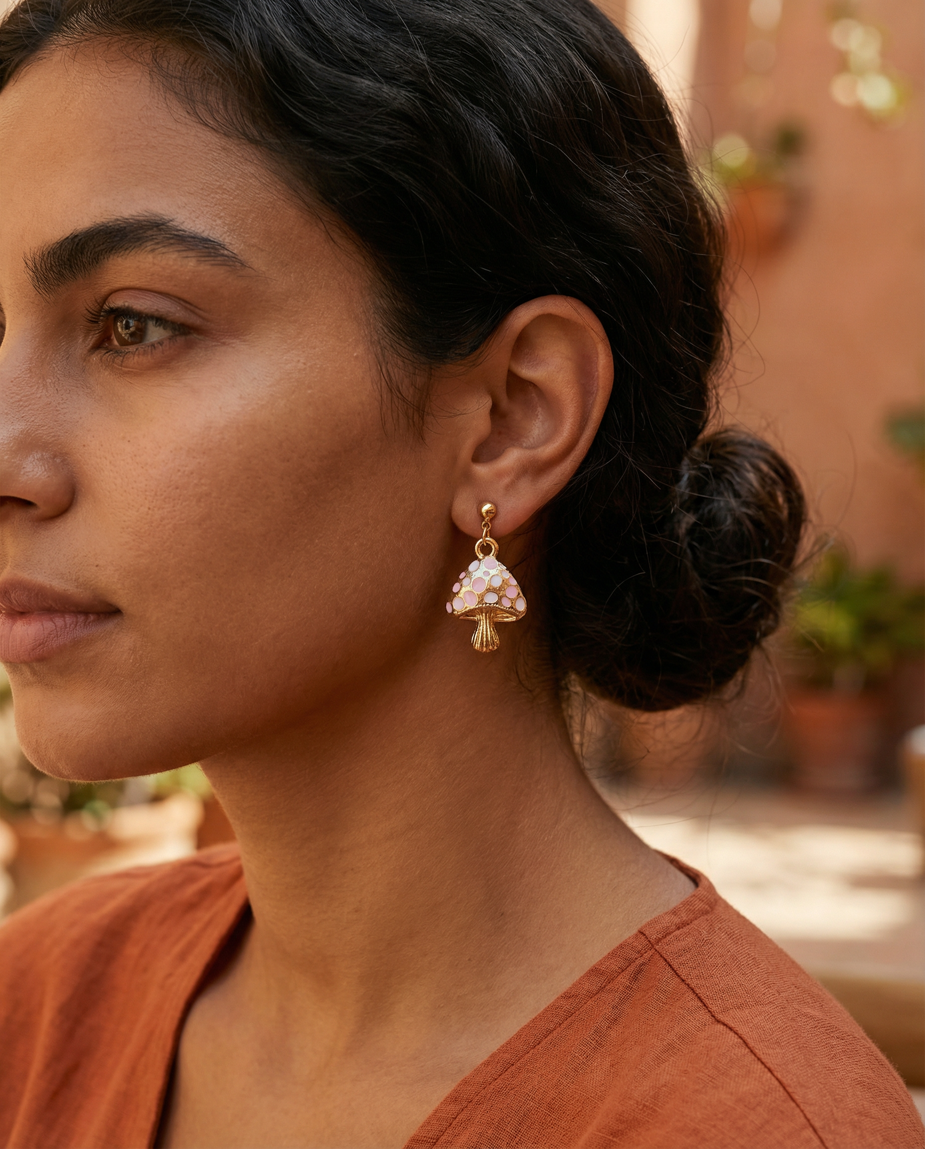 Gold-Tone Whimsical Mushroom Dangle Earrings – Acrylic Filled – Hypoallergenic