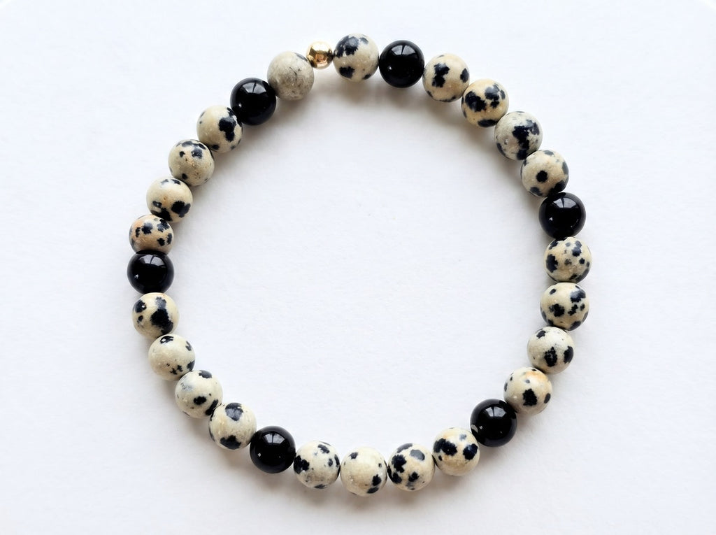 Dalmatian Jasper & Black Onyx Bead Bracelet – Gold Accent – 7.5" Stretch