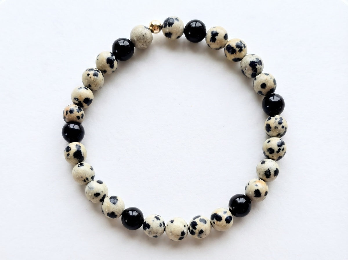 Dalmatian Jasper & Black Onyx Bead Bracelet – Gold Accent – 7.5" Stretch