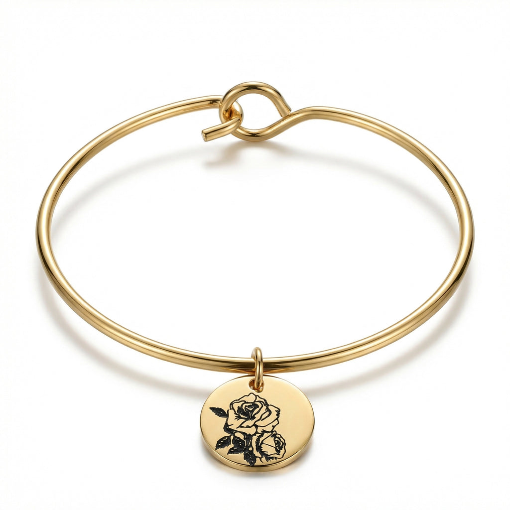 June Rose Birth Flower Charm Bangle - Gold Tone