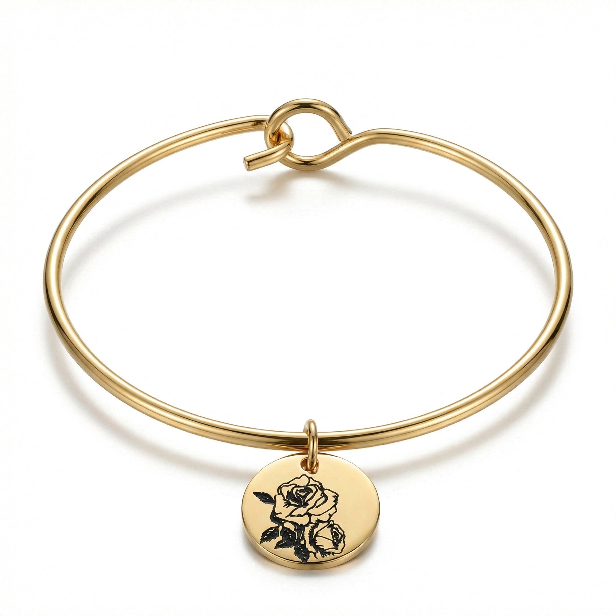June Rose Birth Flower Charm Bangle - Gold Tone