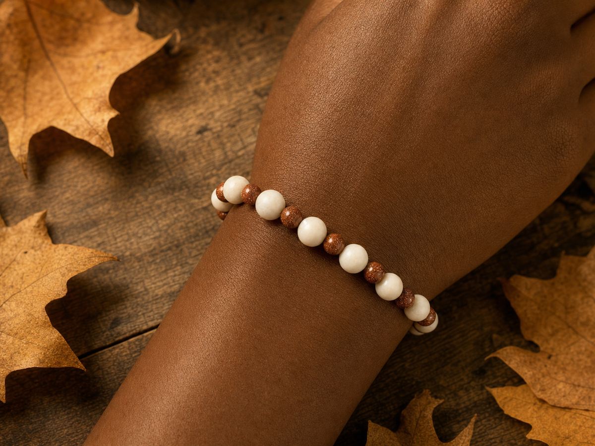 White Weathered Stone & Goldstone Bead Bracelet – 7.25"