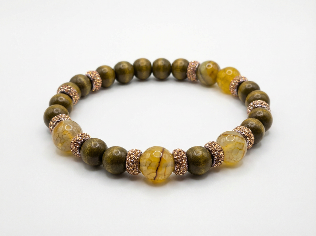 Crackle Agate & Wood Bead Bracelet – Rose Gold Pave Accents – 7.5" Stretch