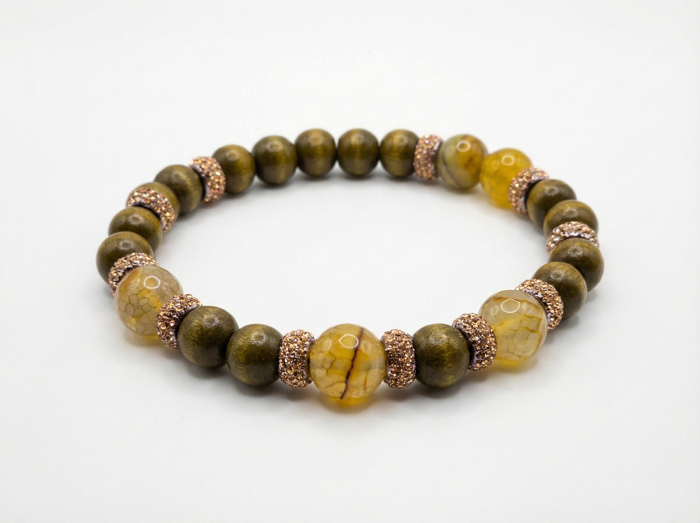 Crackle Agate & Wood Bead Bracelet – Rose Gold Pave Accents – 7.5" Stretch