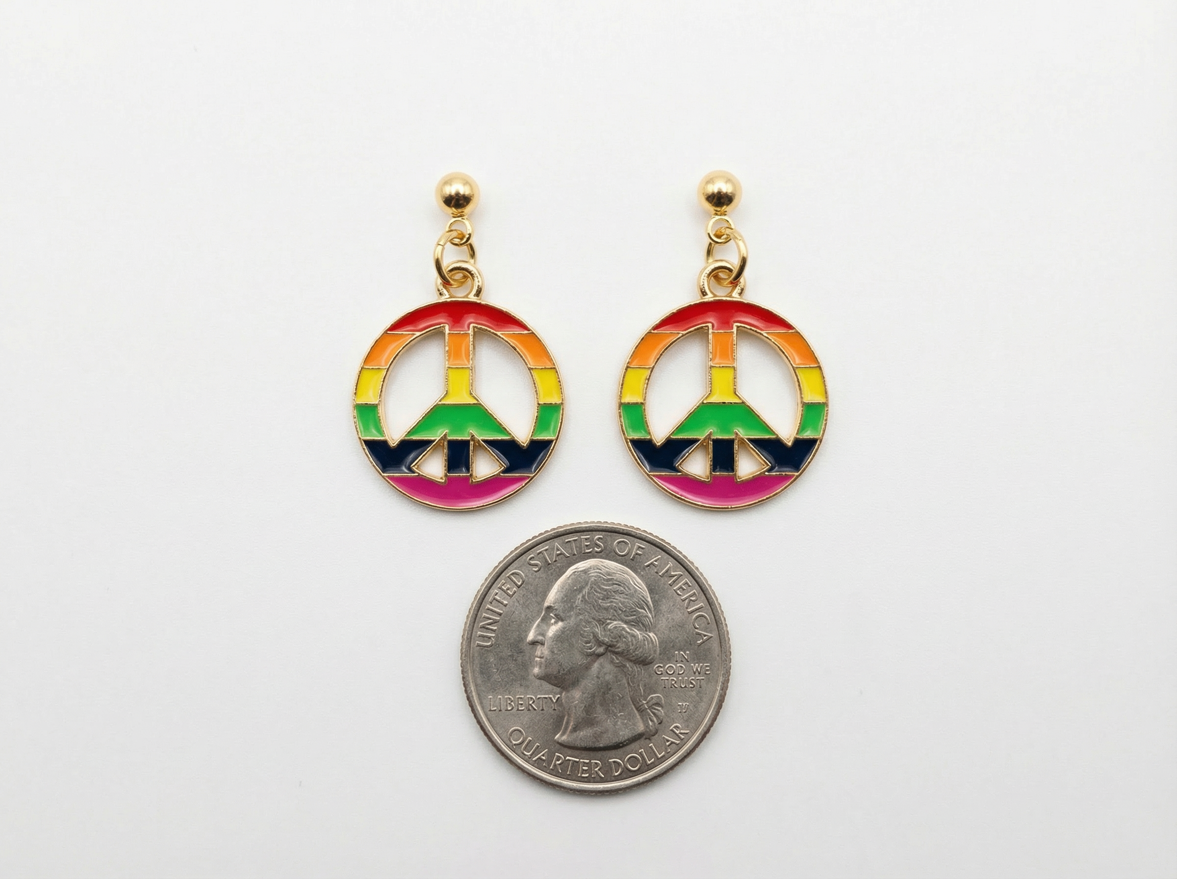 Rainbow Peace Sign Dangle Stud Earrings – 18K Gold Plated – Hypoallergenic