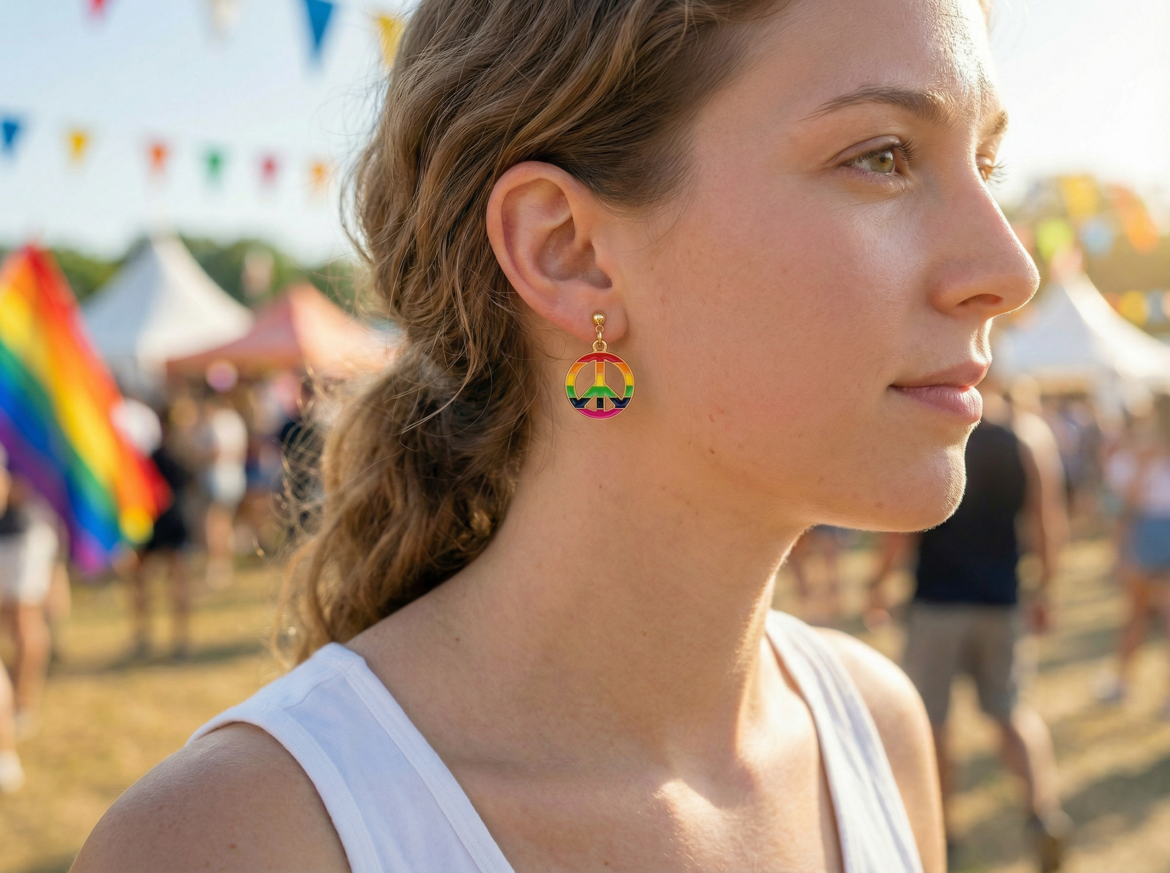 Rainbow Peace Sign Dangle Stud Earrings – 18K Gold Plated – Hypoallergenic