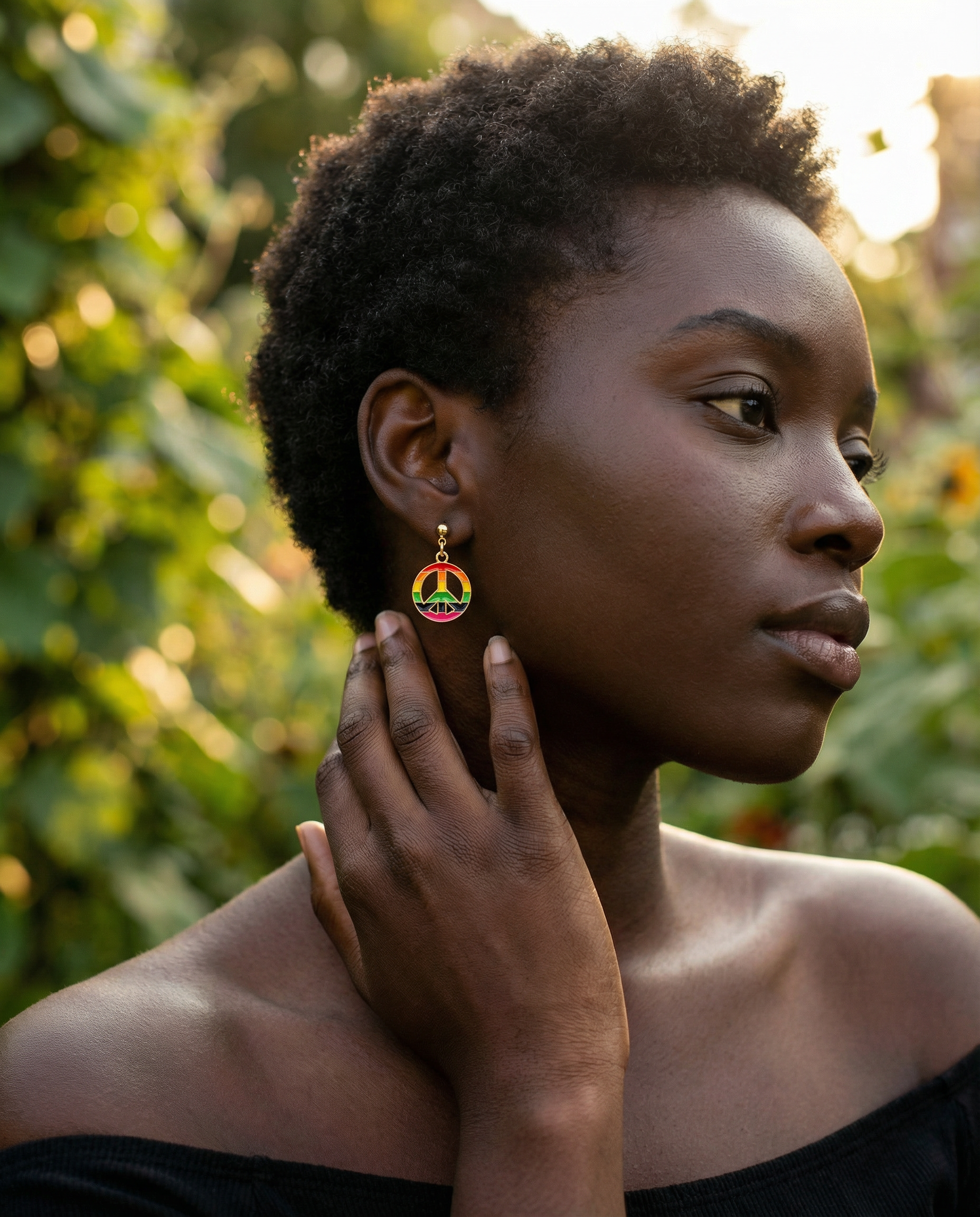 Rainbow Peace Sign Dangle Stud Earrings – 18K Gold Plated – Hypoallergenic