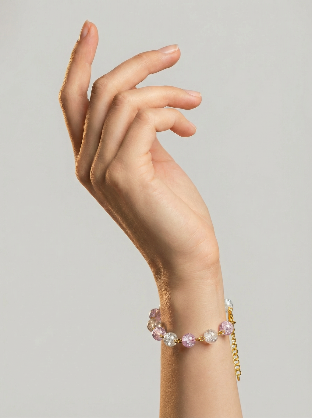 Pink & Clear Crackle Glass Bead Bracelet – 18K Gold Plated Cuban Chain – Adjustable 7"–8"