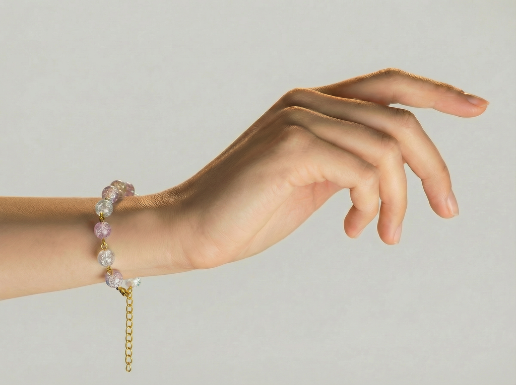 Pink & Clear Crackle Glass Bead Bracelet – 18K Gold Plated Cuban Chain – Adjustable 7"–8"