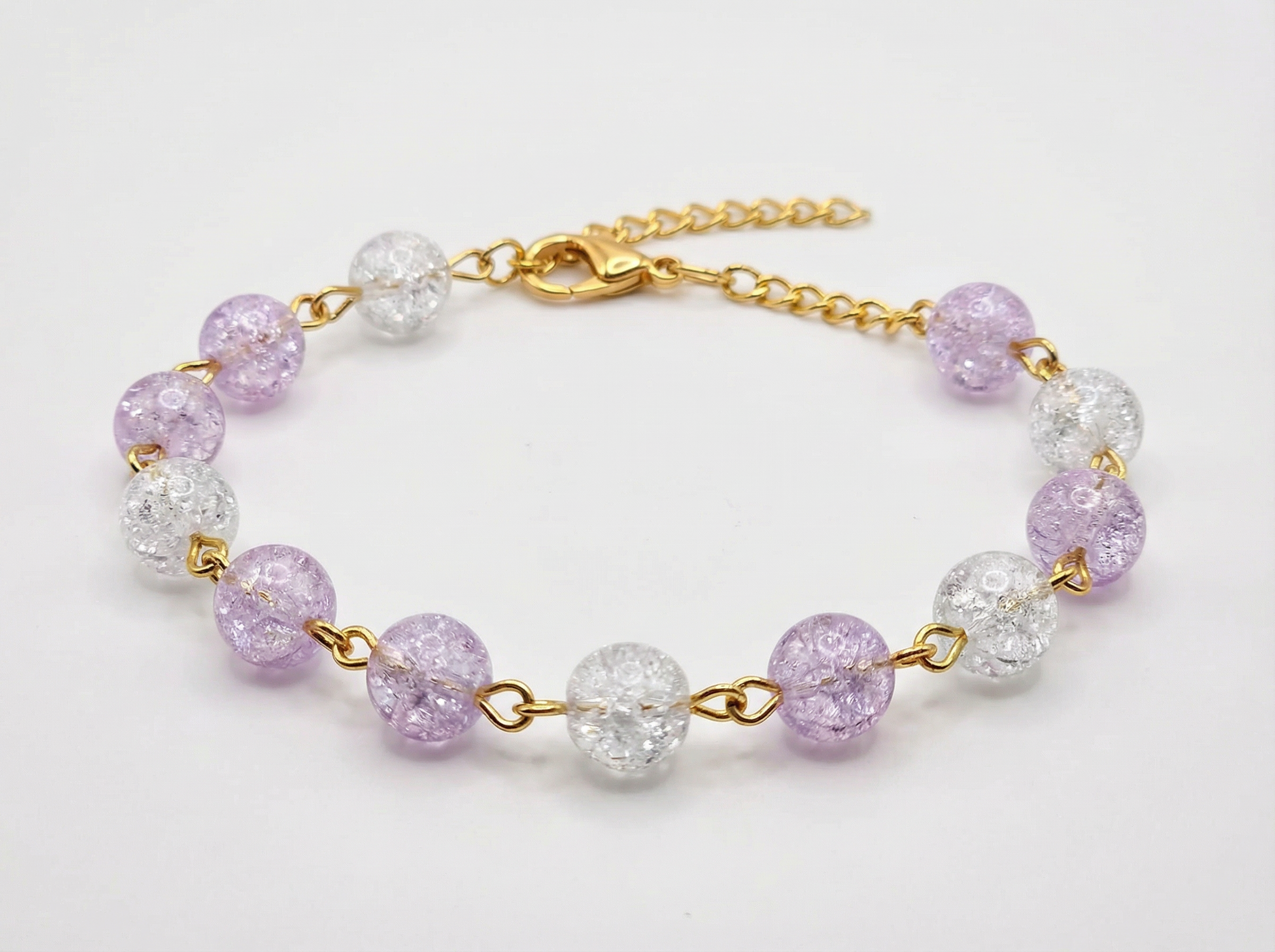 Pink & Clear Crackle Glass Bead Bracelet – 18K Gold Plated Cuban Chain – Adjustable 7"–8"