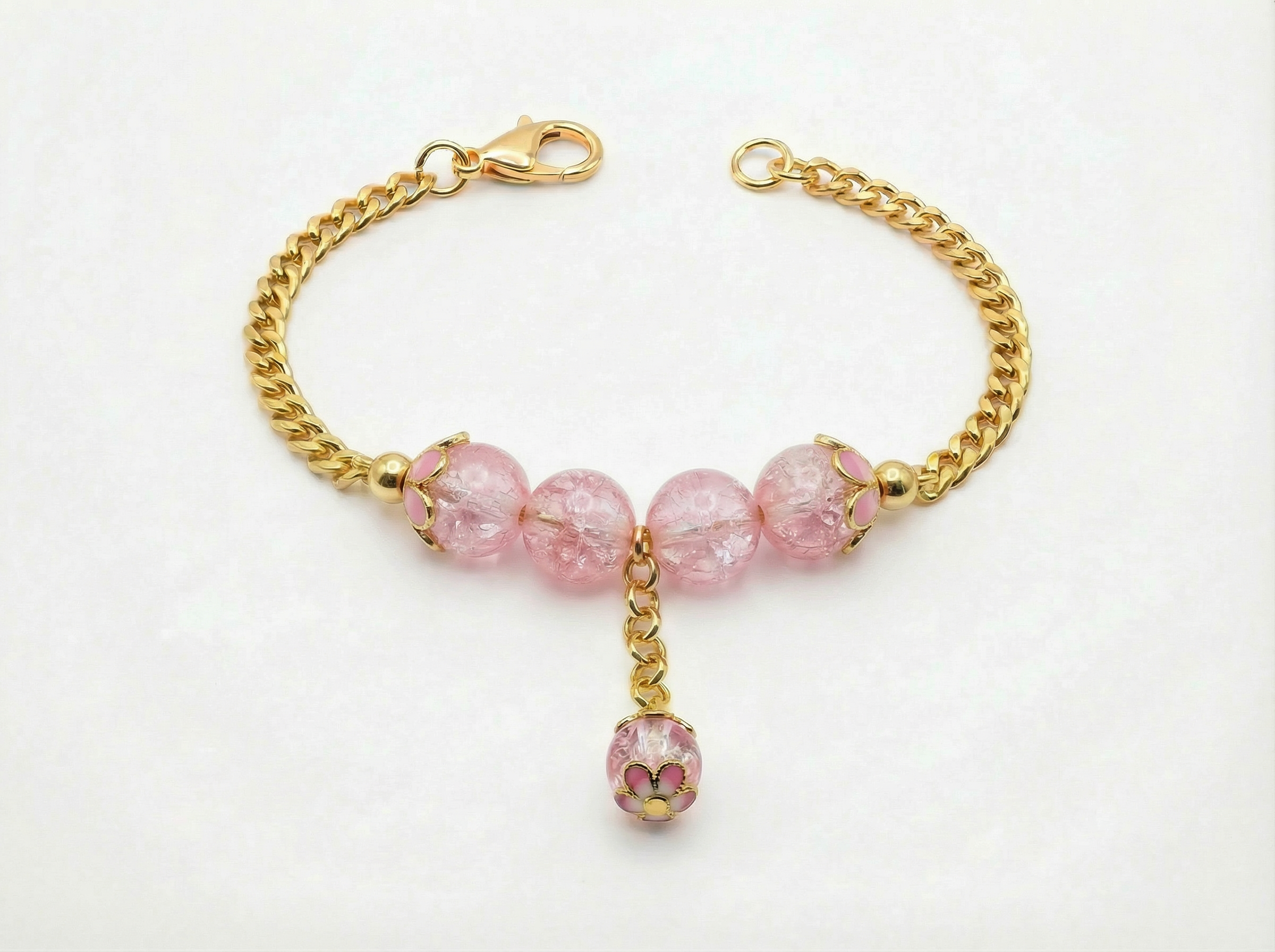 Pink Floral Glass Bead Earring & Bracelet Set – 18K Gold Plated – Cuban Link Chain