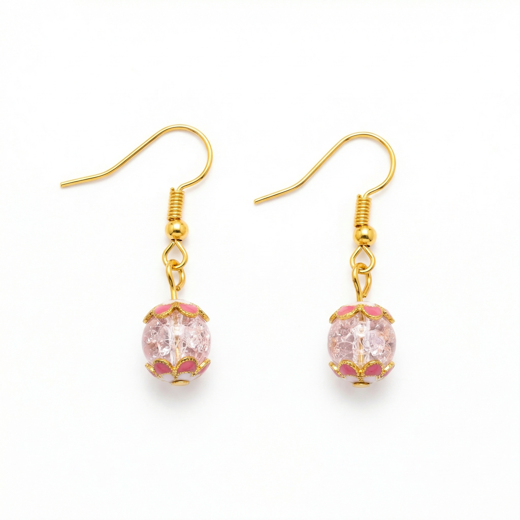Pink Floral Glass Bead Earring & Bracelet Set – 18K Gold Plated – Cuban Link Chain