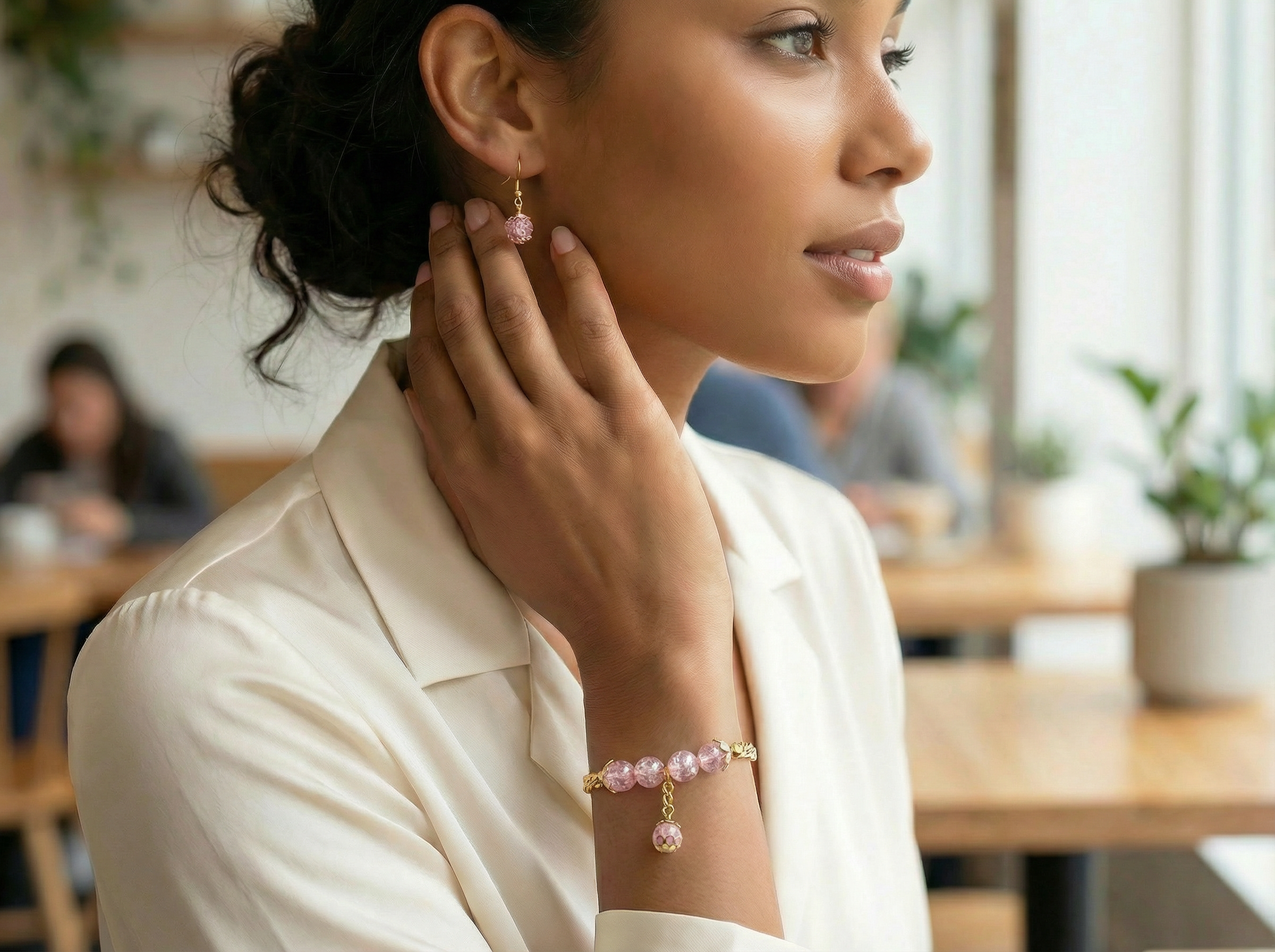 Pink Floral Glass Bead Earring & Bracelet Set – 18K Gold Plated – Cuban Link Chain
