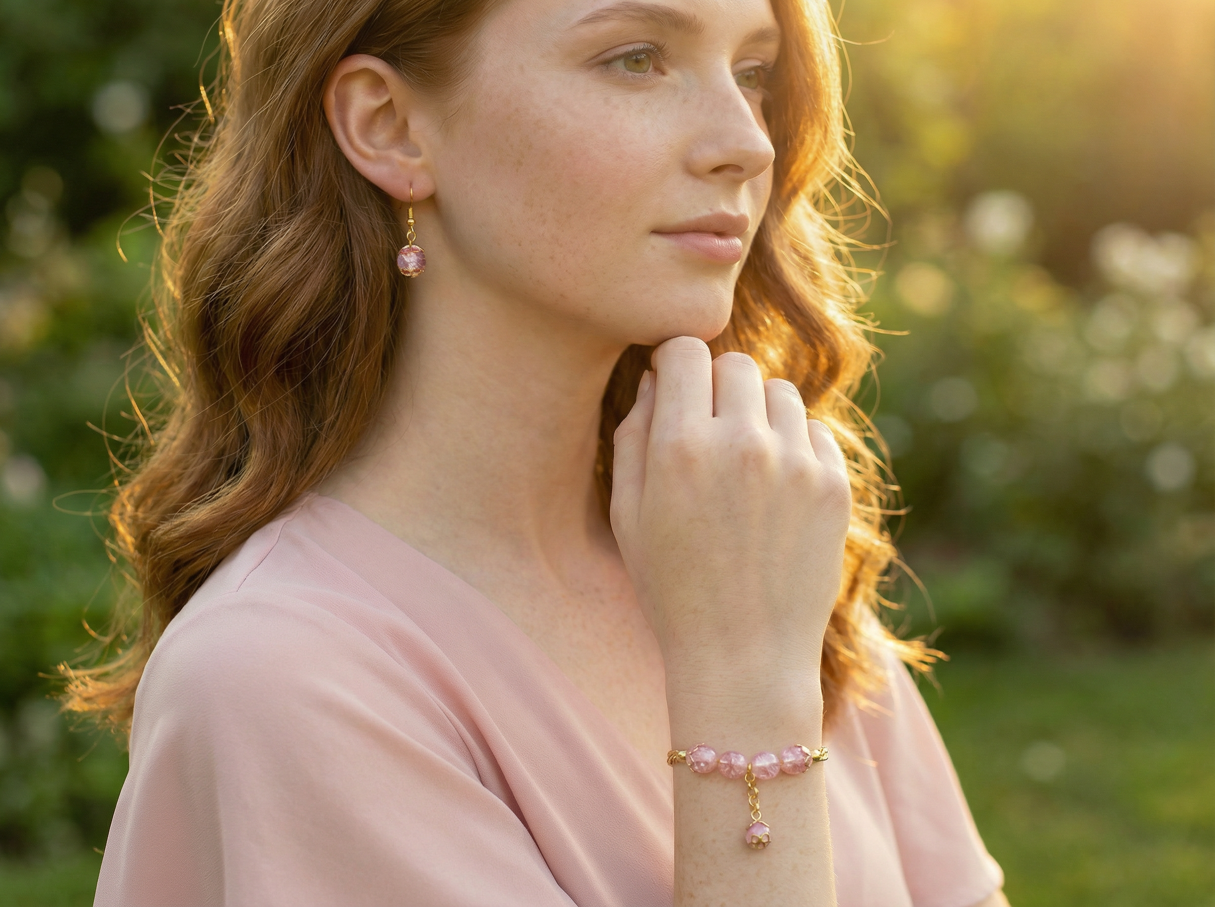 Pink Floral Glass Bead Earring & Bracelet Set – 18K Gold Plated – Cuban Link Chain