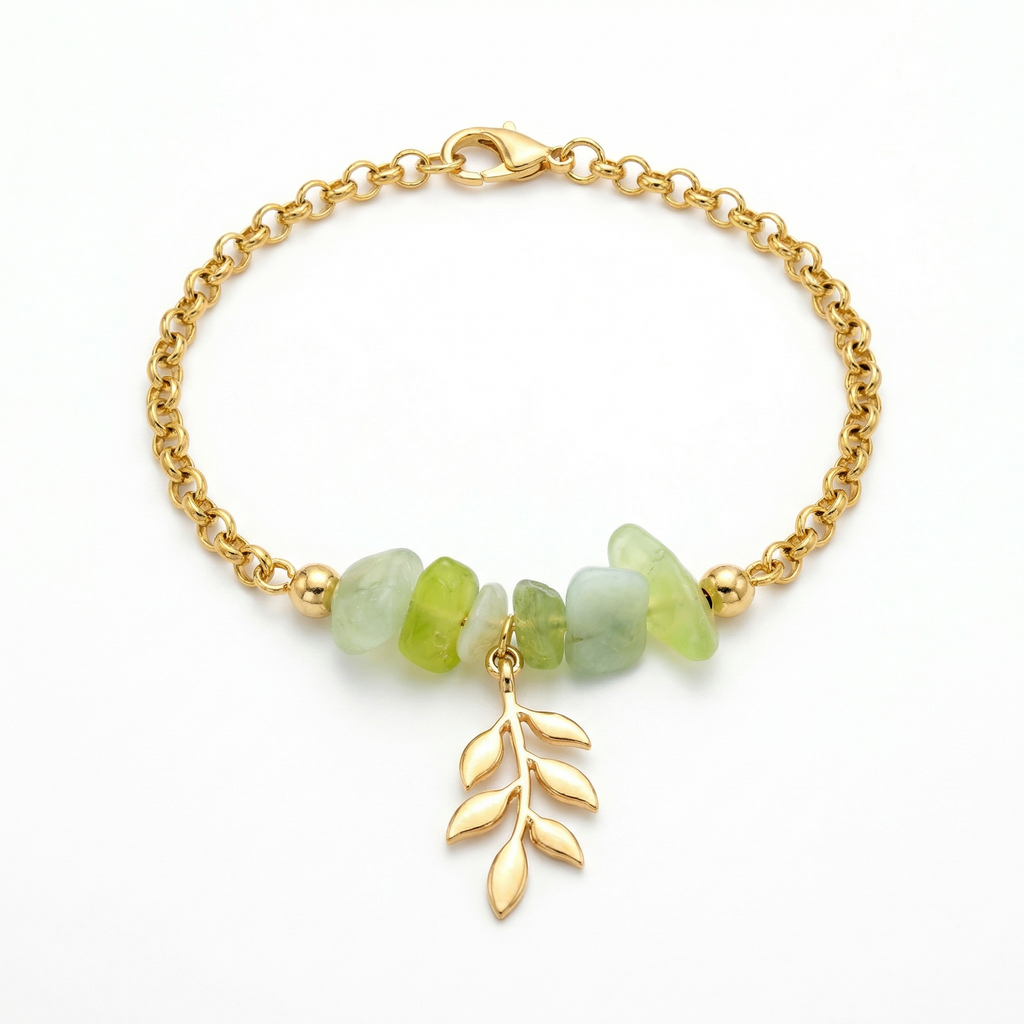 Prehnite Bead Leaf Charm Bracelet – 14K Gold Plated Rolo Dangle Bracelet – 8"