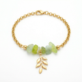 Prehnite Bead Leaf Charm Bracelet – 14K Gold Plated Rolo Dangle Bracelet – 8"