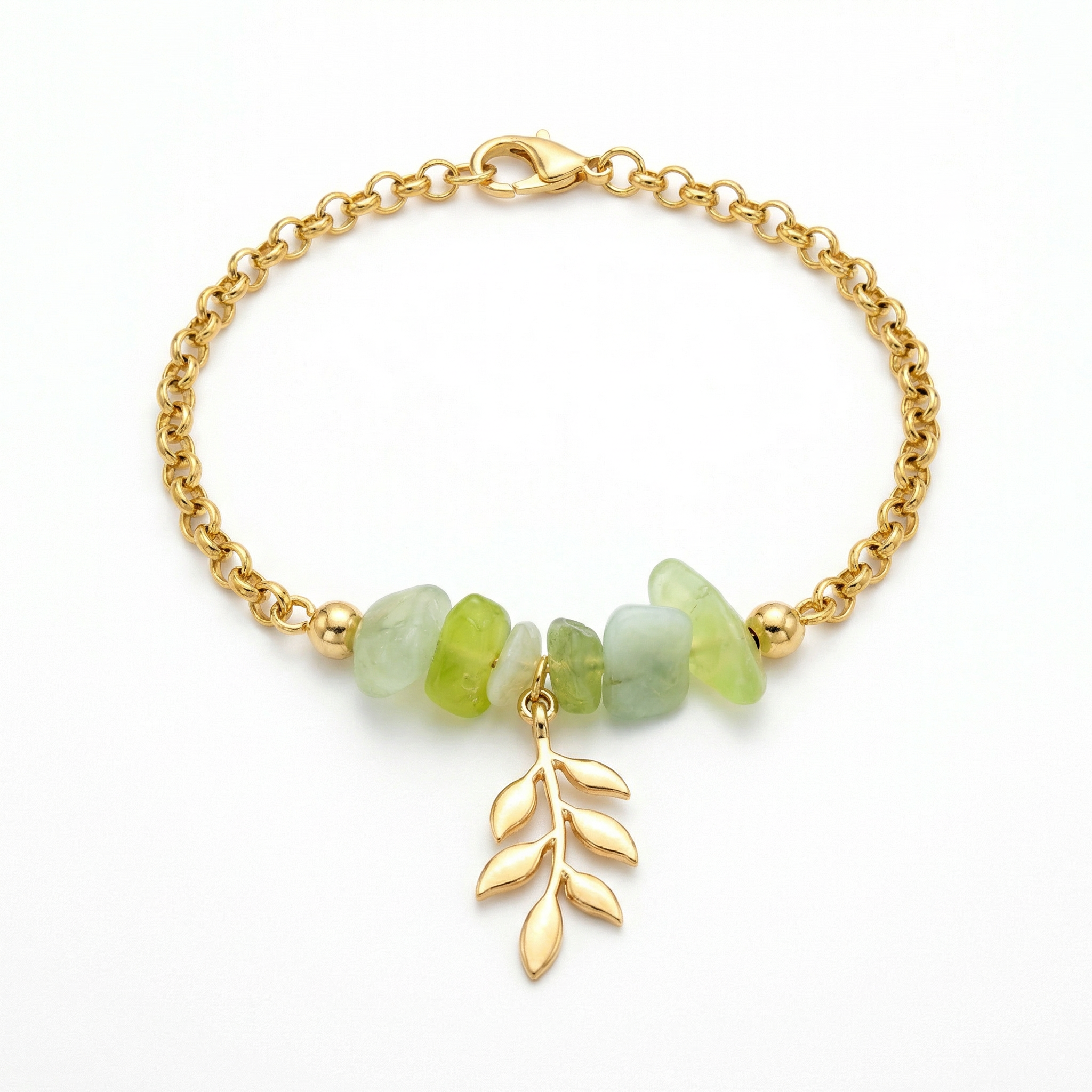 Prehnite Bead Leaf Charm Bracelet – 14K Gold Plated Rolo Dangle Bracelet – 8"