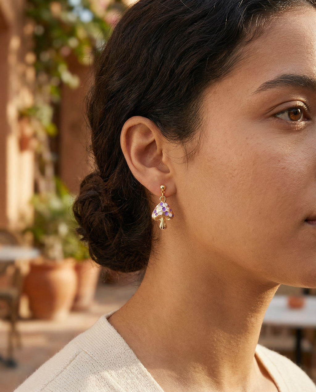 Gold-Tone Whimsical Mushroom Dangle Earrings – Acrylic Filled – Hypoallergenic