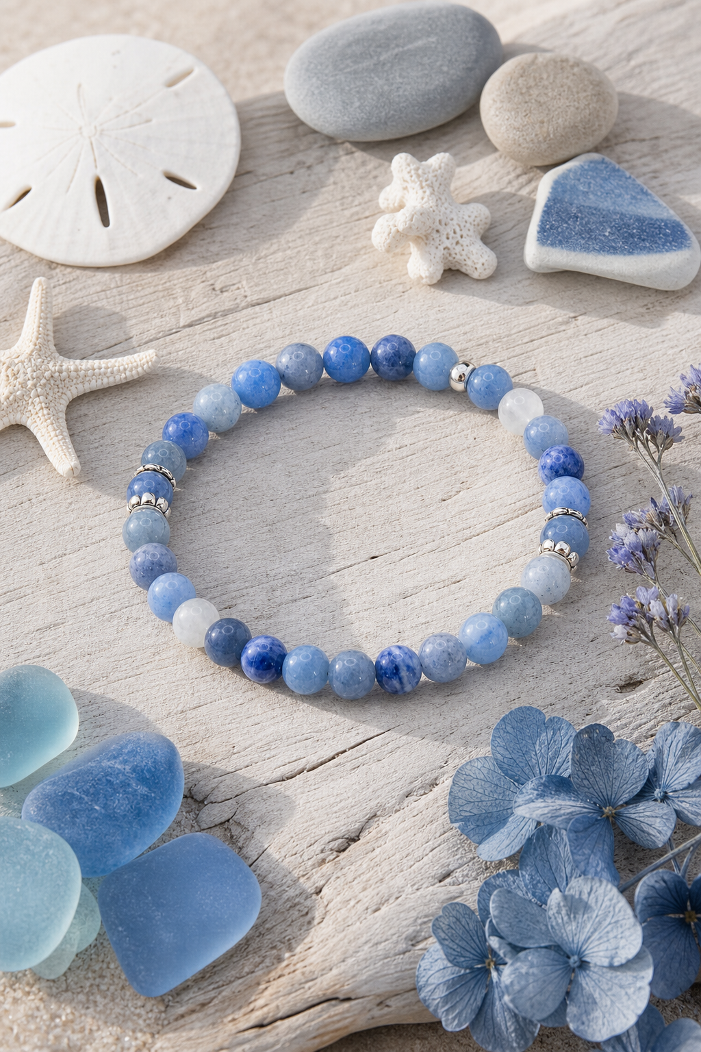 Blue Aventurine & Moonstone Bead Bracelet – Silver Accents – 7.5" Stretch