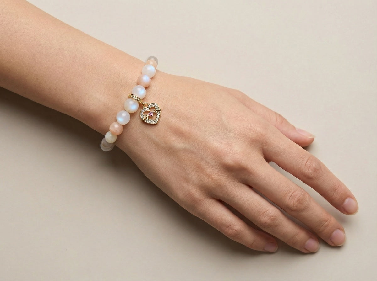 Pink Aventurine Heart Charm Bracelet – Gold Accent – 7.5" Stretch