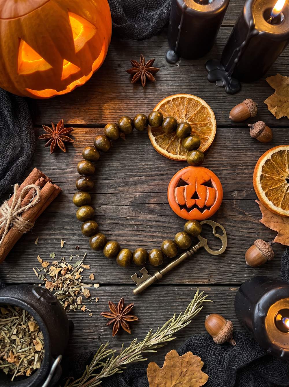 Wood Bead & Carved Howlite Pumpkin Bracelet – 7" Stretch