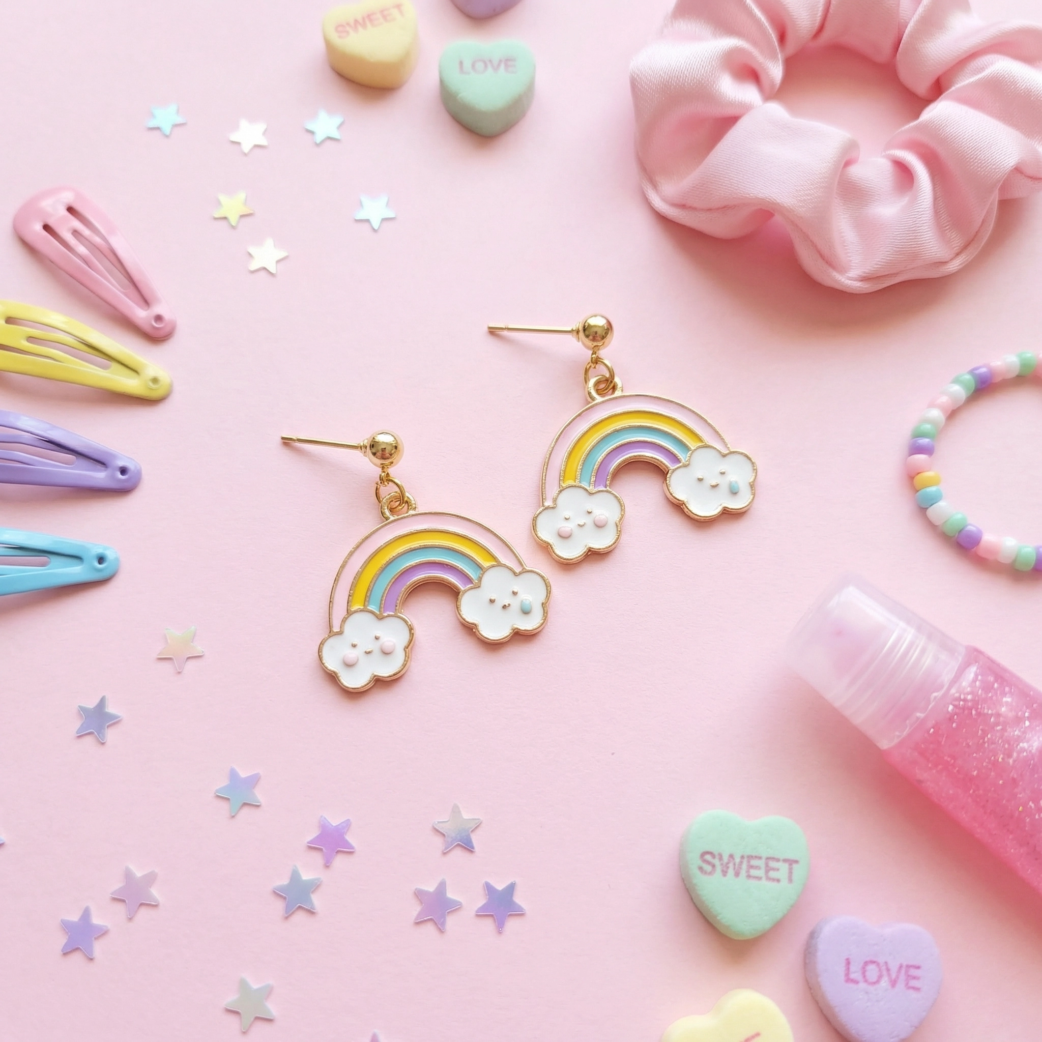 Rainbow Cloud Dangle Stud Earrings – 18K Gold Plated – Hypoallergenic