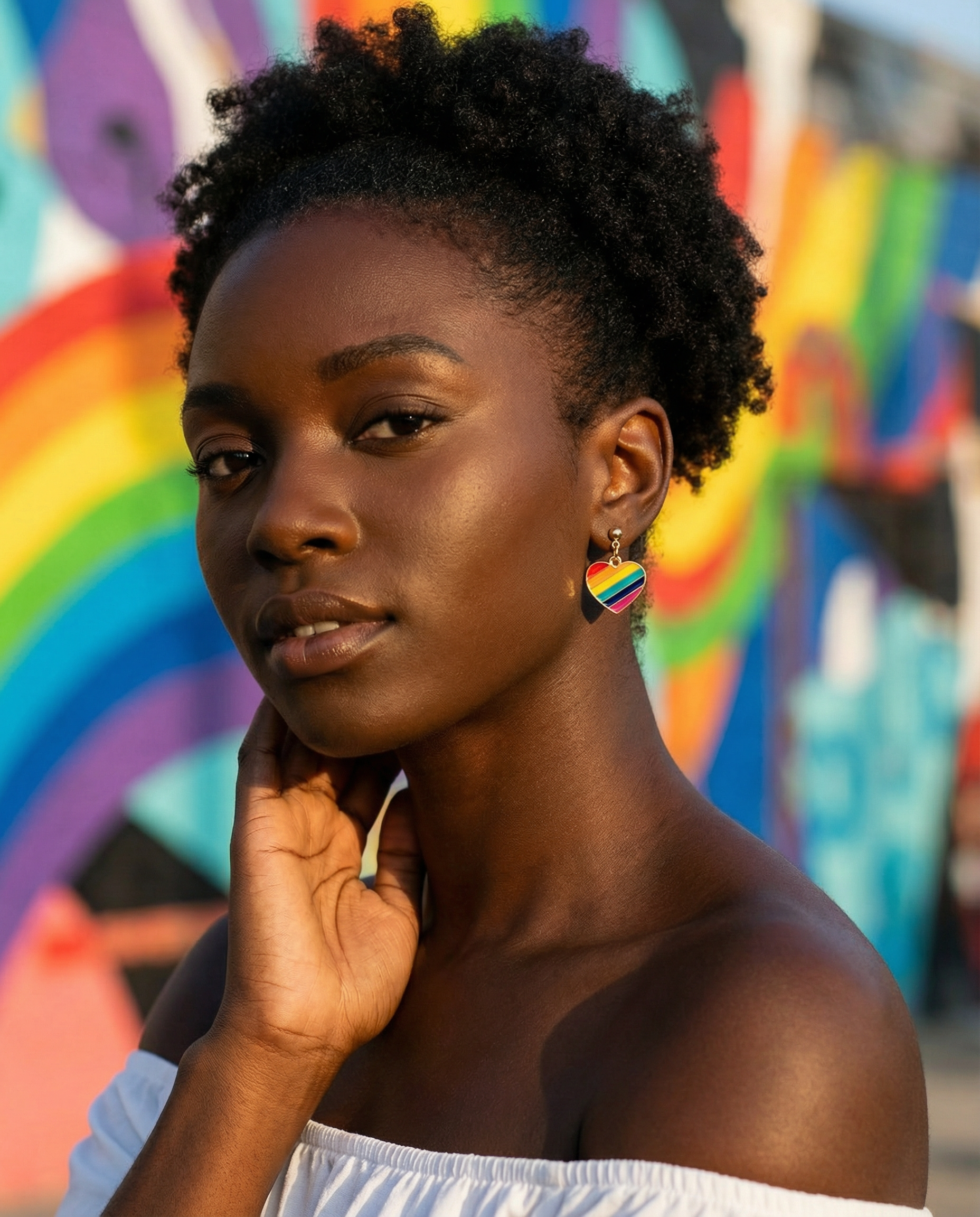 Rainbow Striped Heart Dangle Stud Earrings – 18K Gold Plated – Hypoallergenic