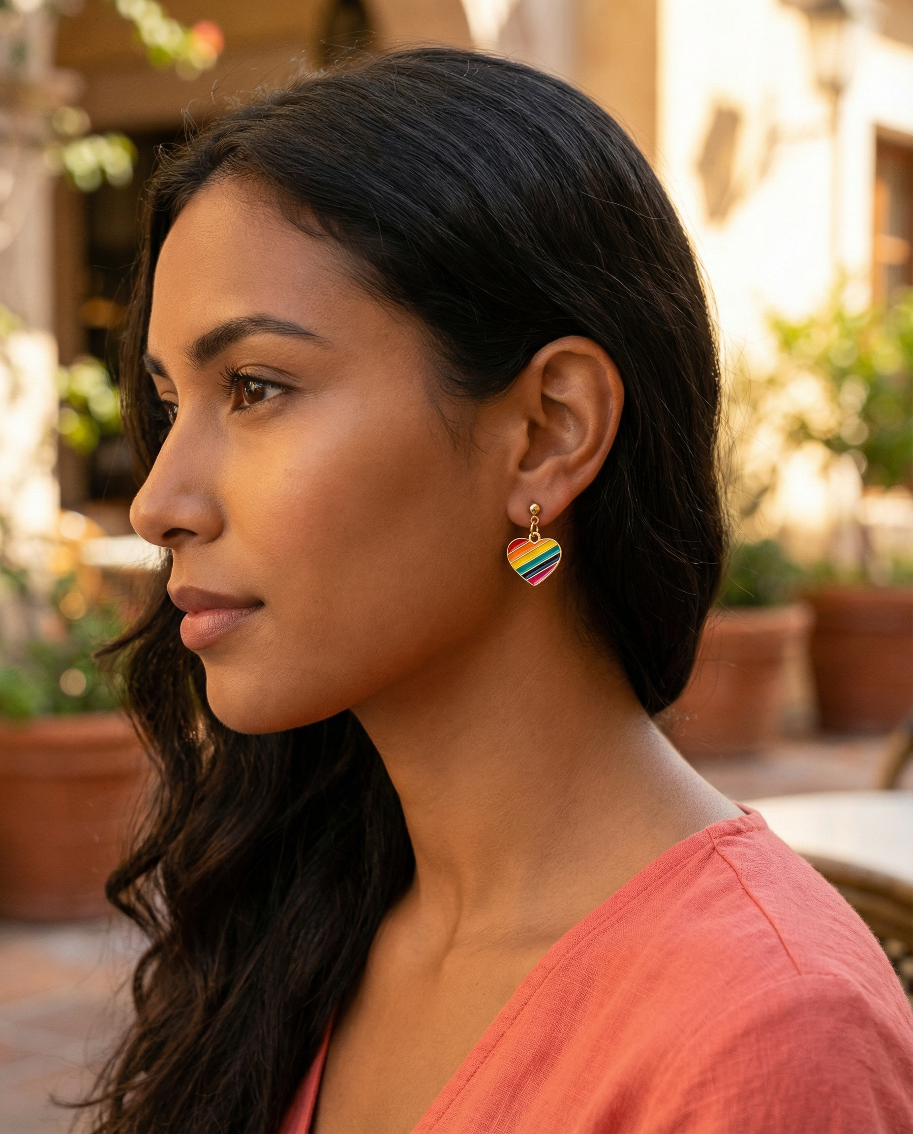 Rainbow Striped Heart Dangle Stud Earrings – 18K Gold Plated – Hypoallergenic