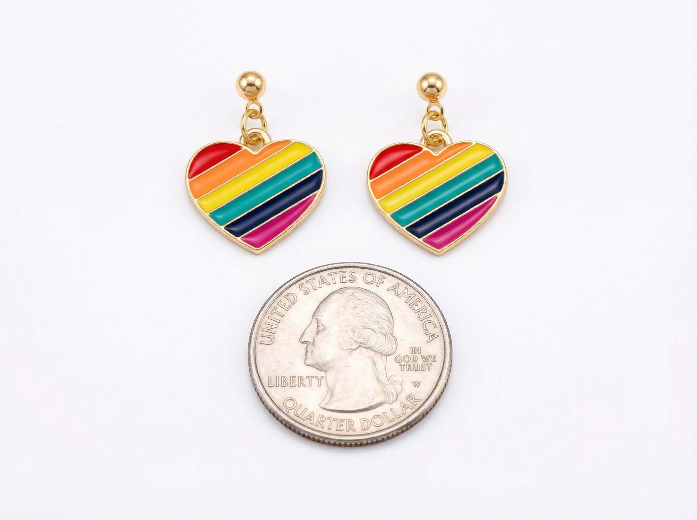 Rainbow Striped Heart Dangle Stud Earrings – 18K Gold Plated – Hypoallergenic