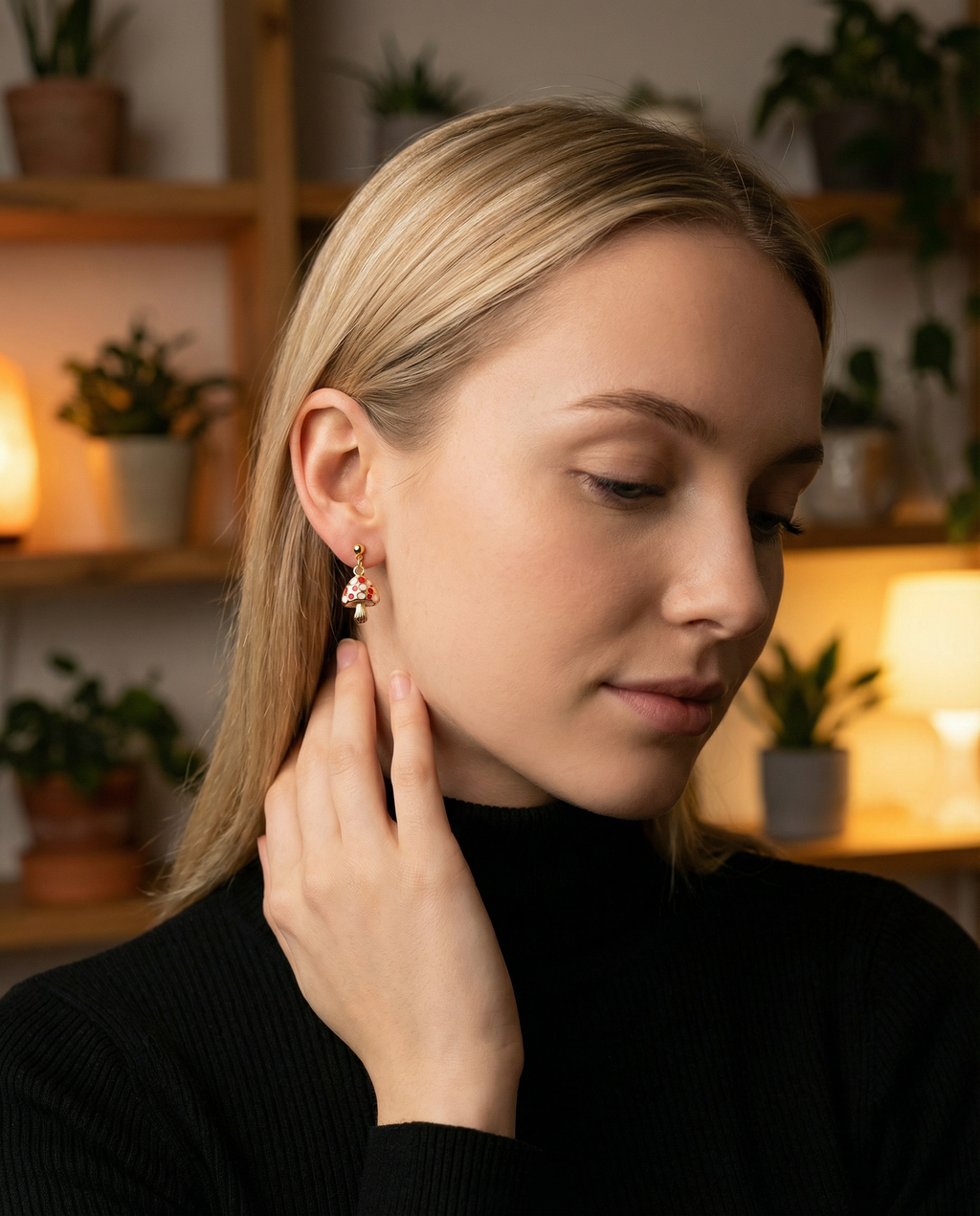 Gold-Tone Whimsical Mushroom Dangle Earrings – Acrylic Filled – Hypoallergenic