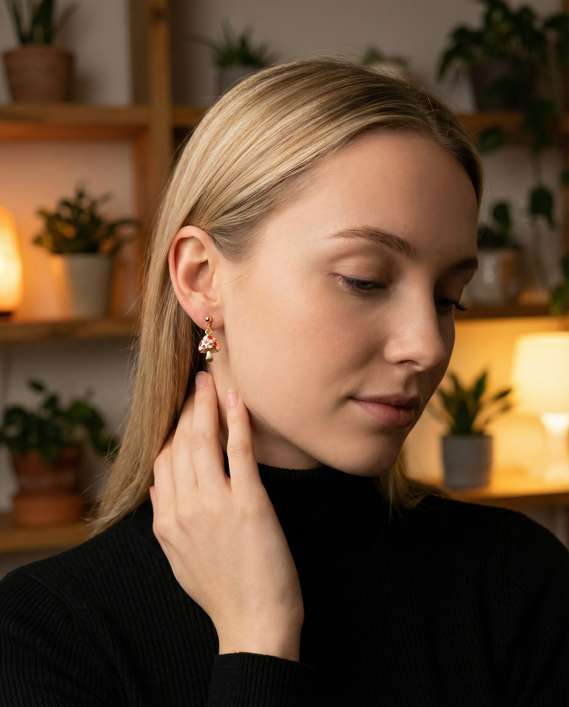 Gold-Tone Whimsical Mushroom Dangle Earrings – Acrylic Filled – Hypoallergenic