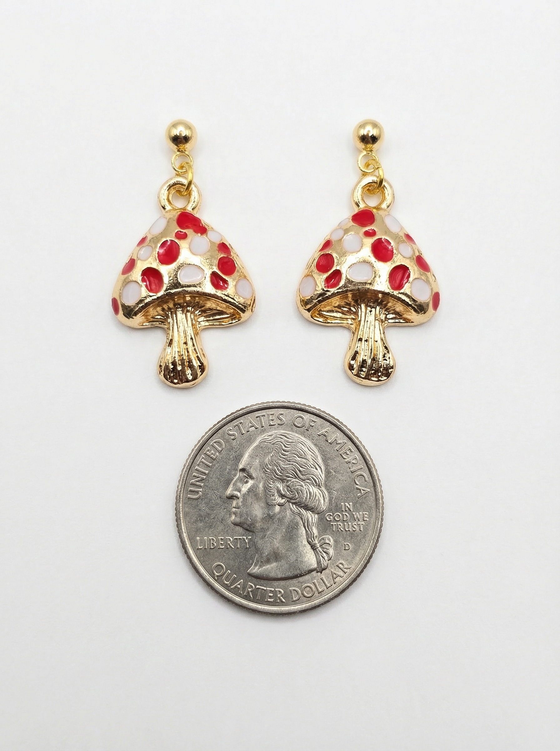 Gold-Tone Whimsical Mushroom Dangle Earrings – Acrylic Filled – Hypoallergenic