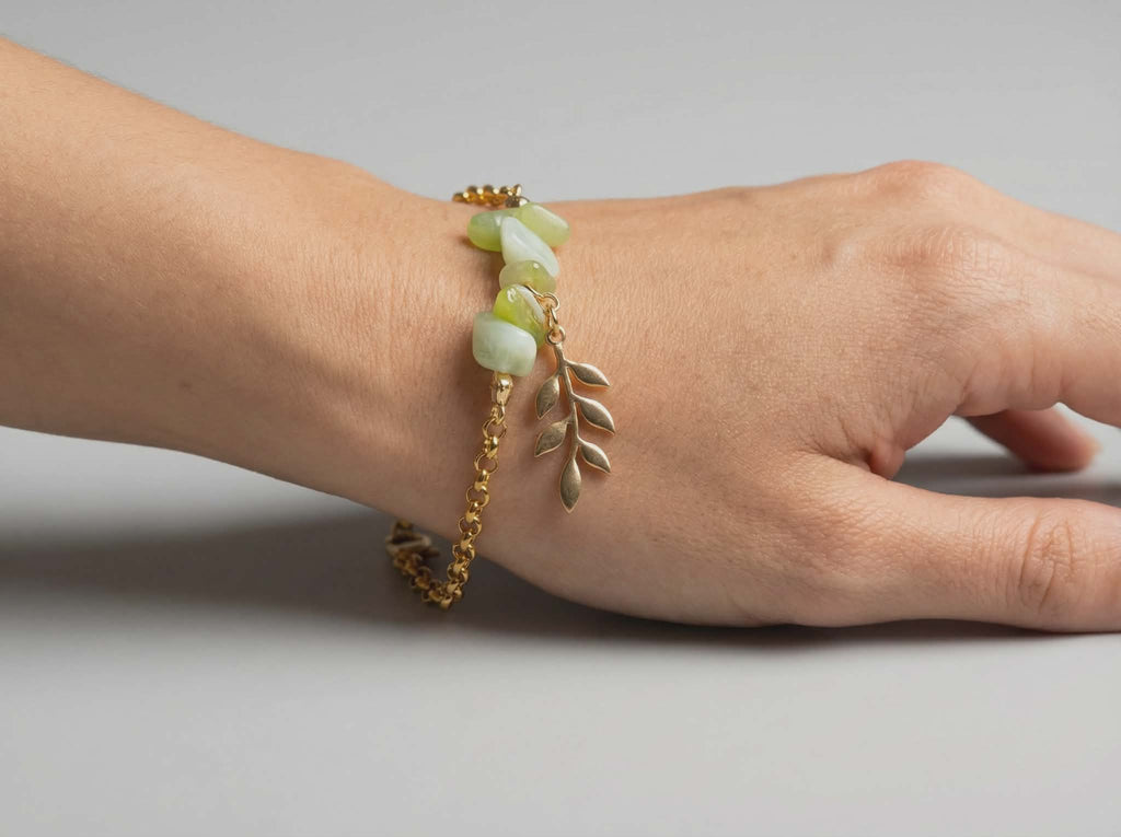 Prehnite Bead Leaf Charm Bracelet – 14K Gold Plated Rolo Dangle Bracelet – 8"