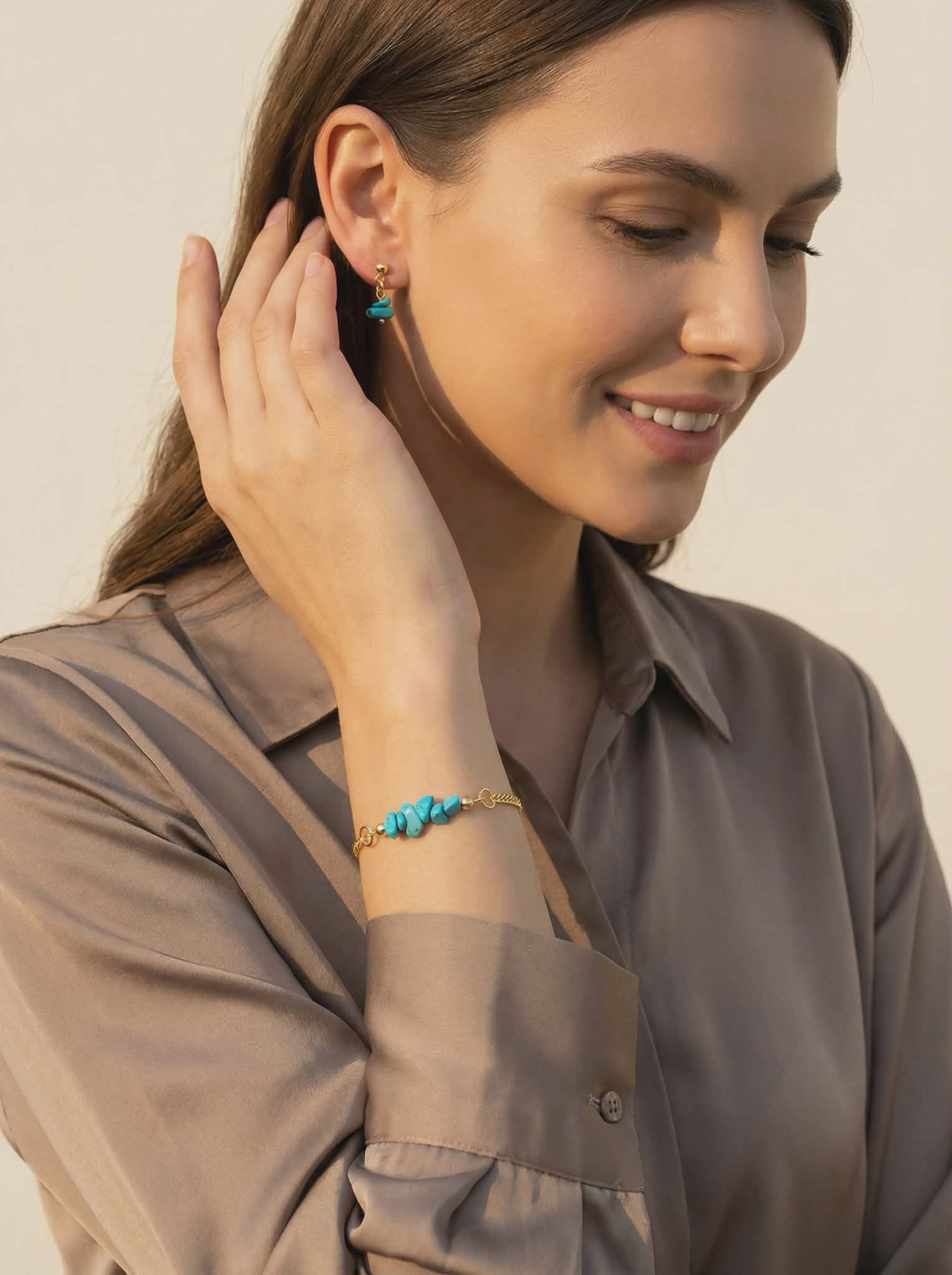 Turquoise Stone Bracelet & Earring Set – 18K Gold Plated Micro Cuban – Adjustable 7.25"–8"