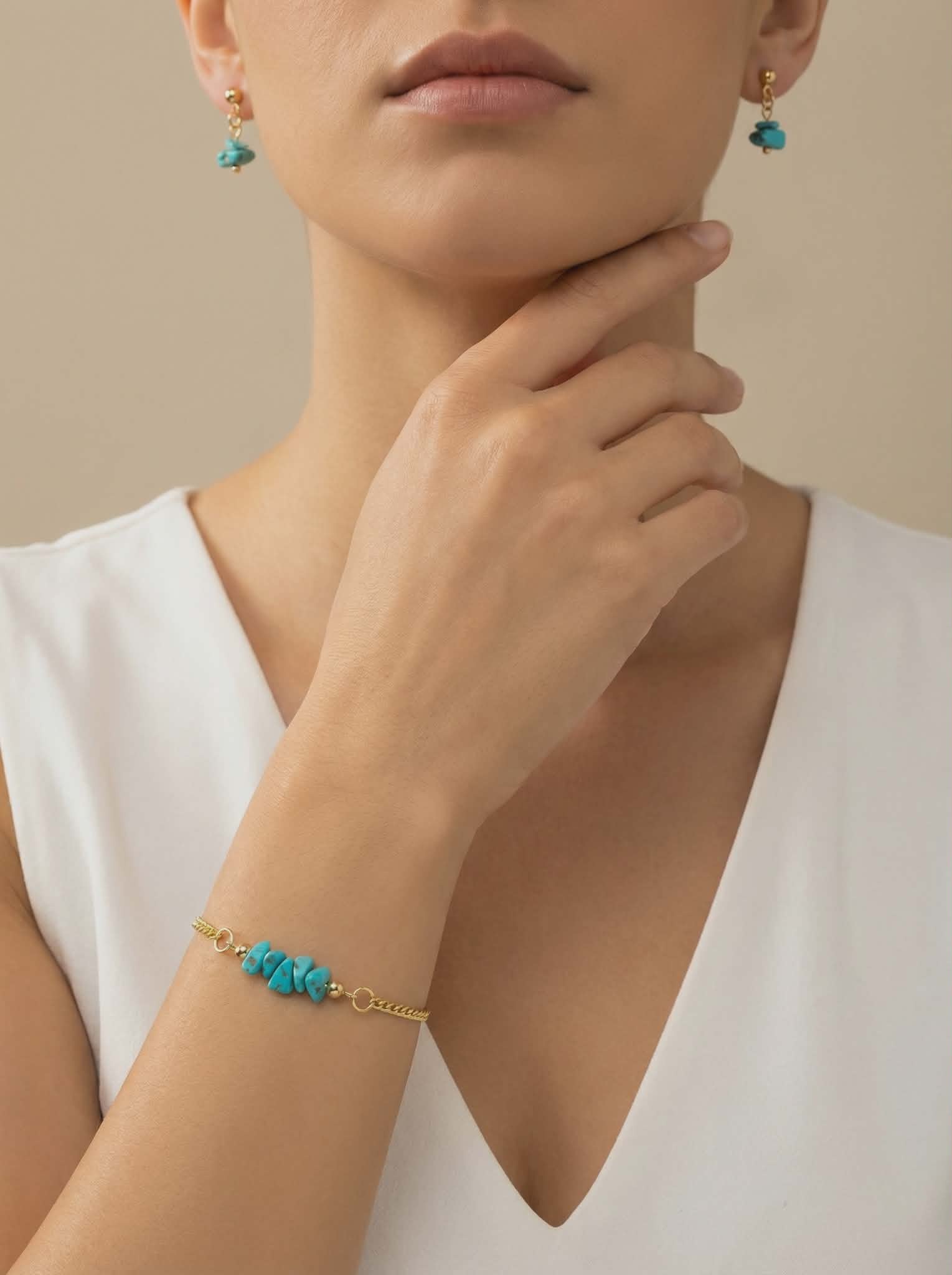 Turquoise Stone Bracelet & Earring Set – 18K Gold Plated Micro Cuban – Adjustable 7.25"–8"