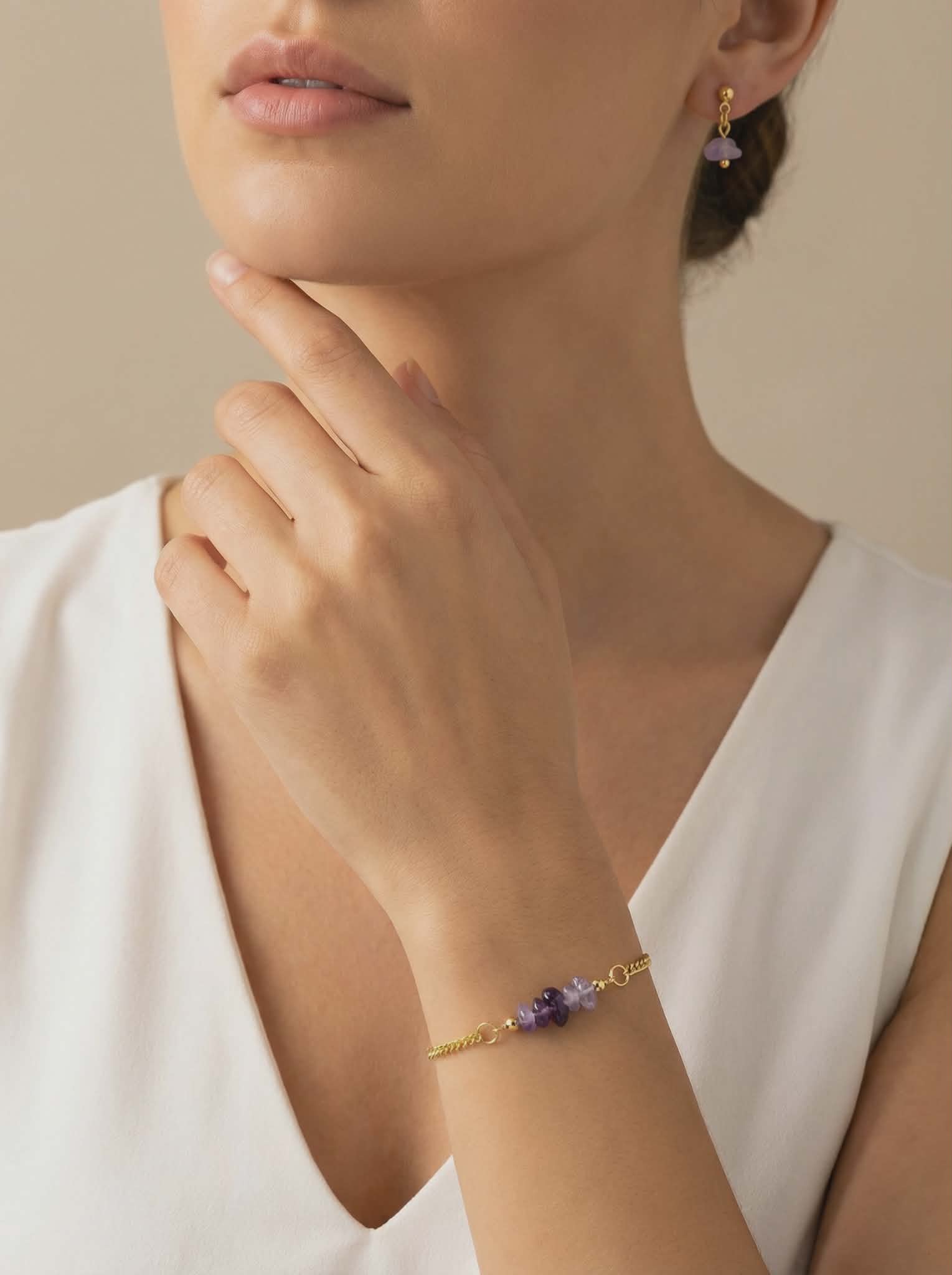 Amethyst Stone Bracelet & Earring Set – 18K Gold Plated Micro Cuban – Adjustable 7.25"–8"