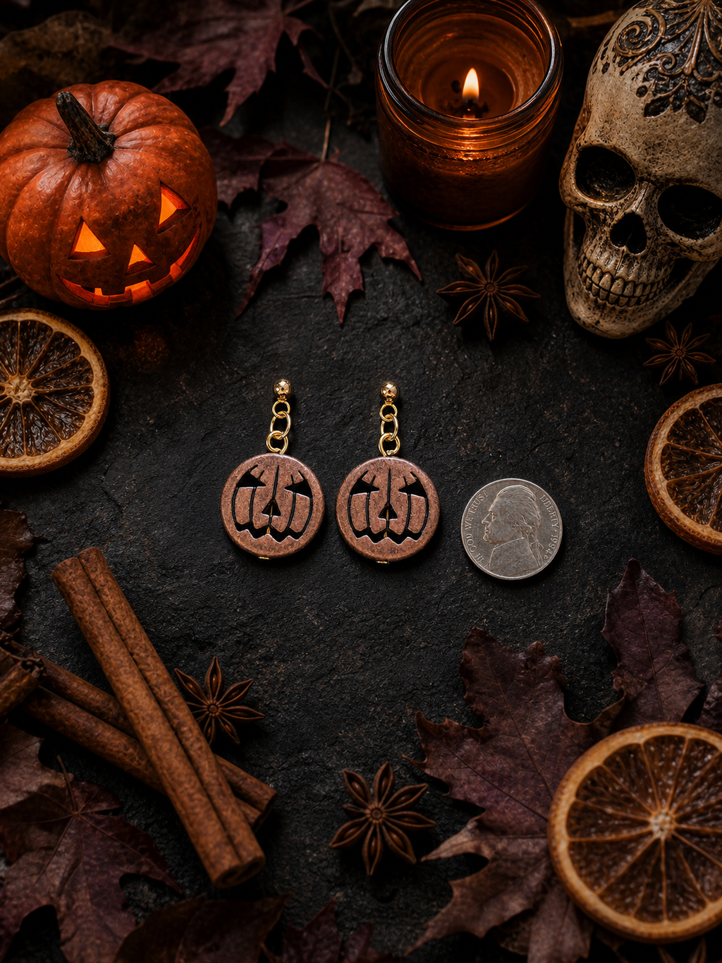 Jack-O-Lantern Pumpkin Dangle Earrings – Zinc Alloy – 24K Gold Plated