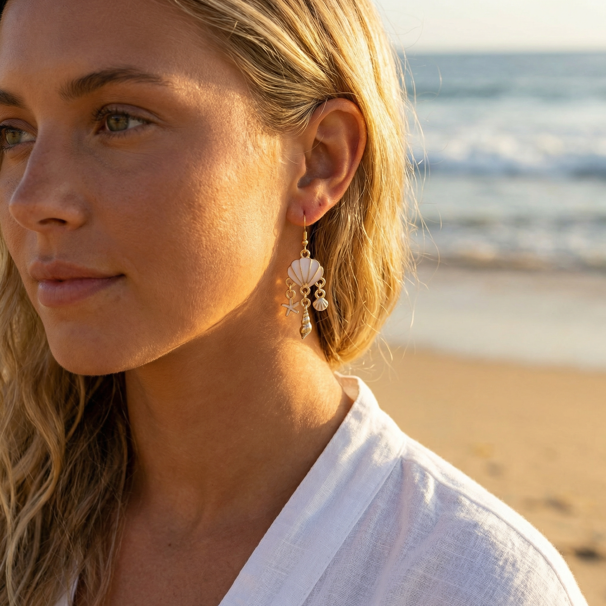 Seashell Charm Dangle Earrings – Gold-Tone – Hypoallergenic