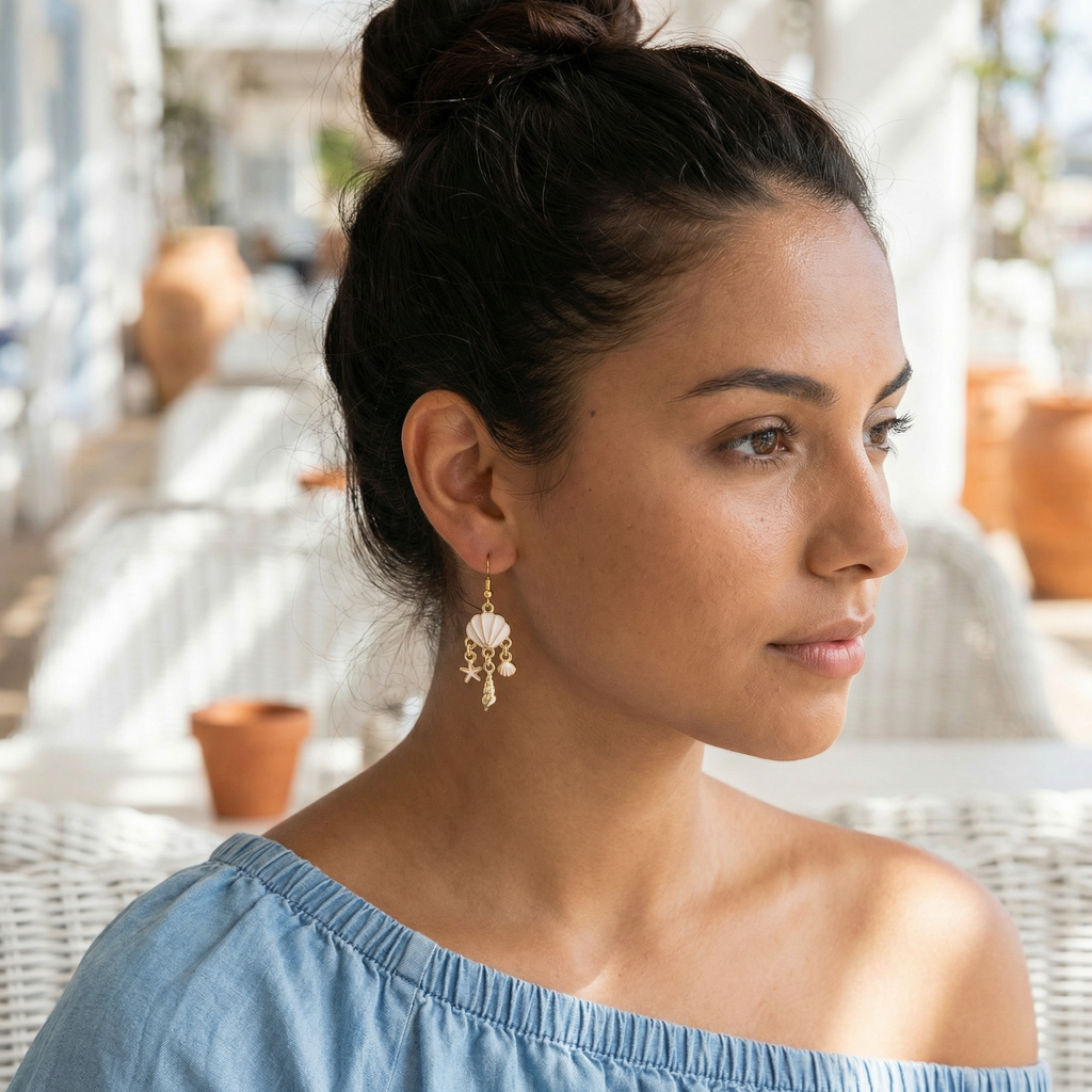 Seashell Charm Dangle Earrings – Gold-Tone – Hypoallergenic