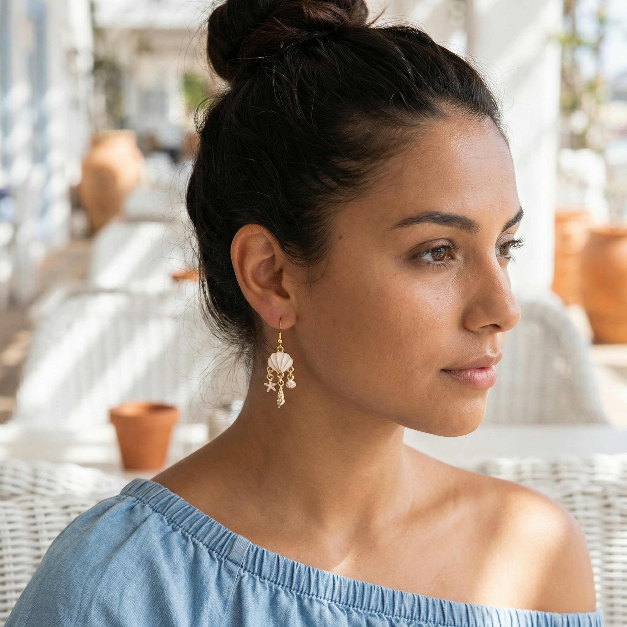 Seashell Charm Dangle Earrings – Gold-Tone – Hypoallergenic